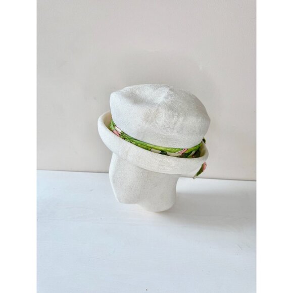 Vintage White Basketweave Green Pink Satin Twill Tie Bucket Hat - Picture 3 of 16